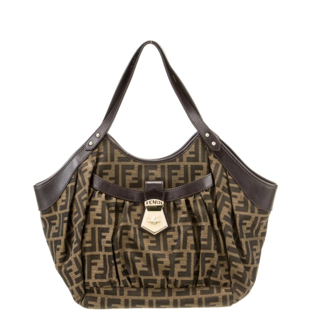 Fendi Zucca Canvas & Brown Leather Chef Tote Bag Authentic